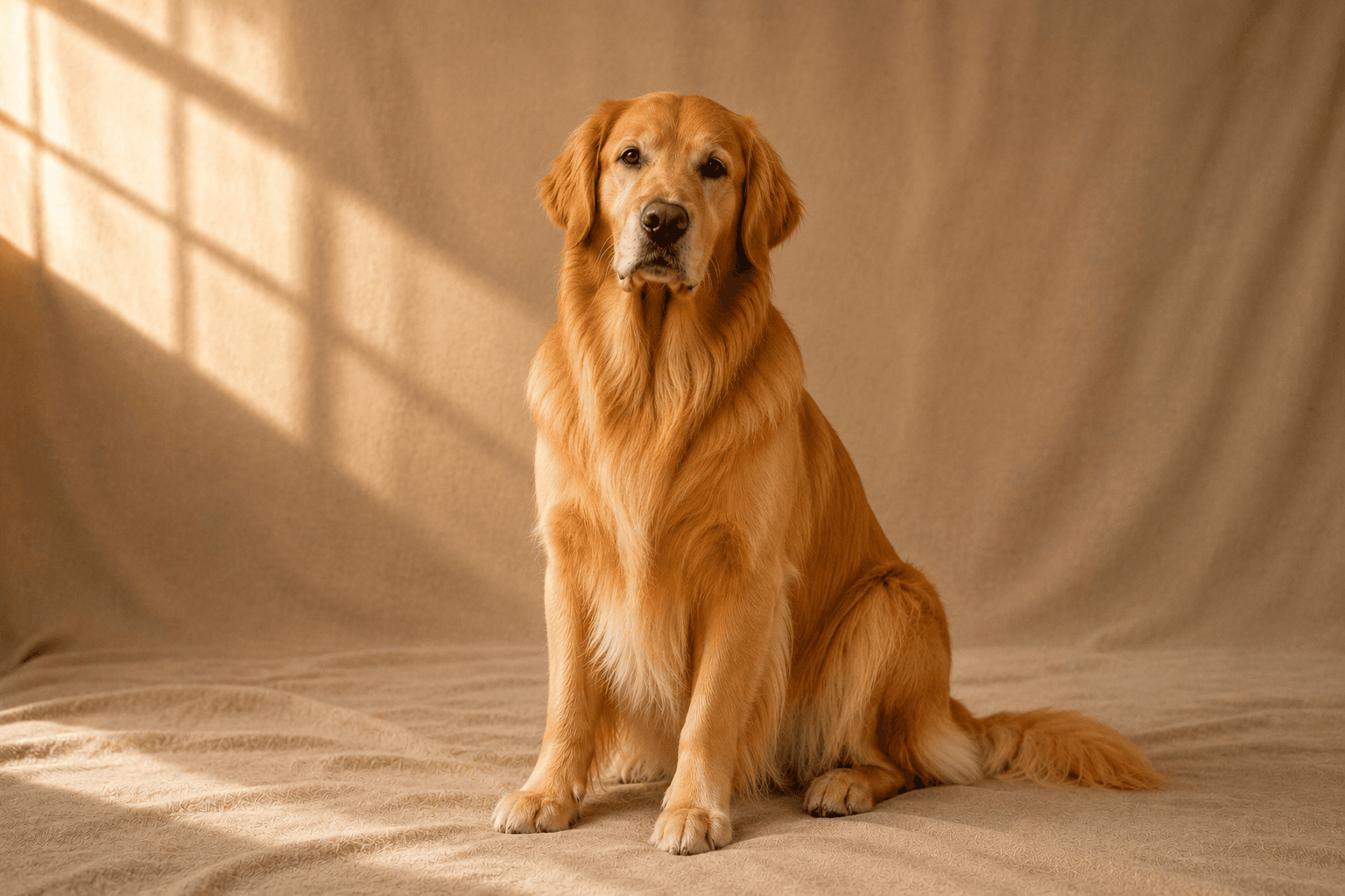 Samma golden retriever efter borstning — slät, glansig päls