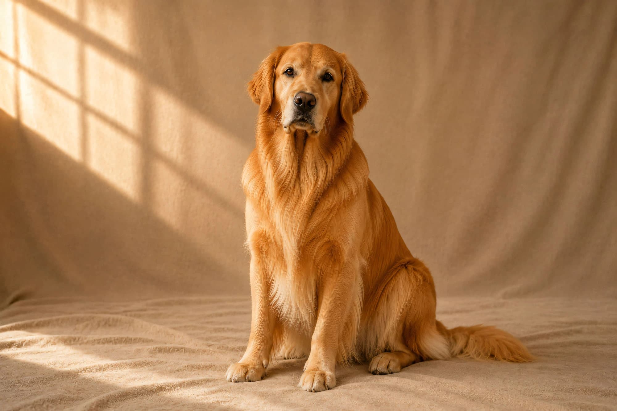Samma golden retriever efter borstning, slät och glansig päls