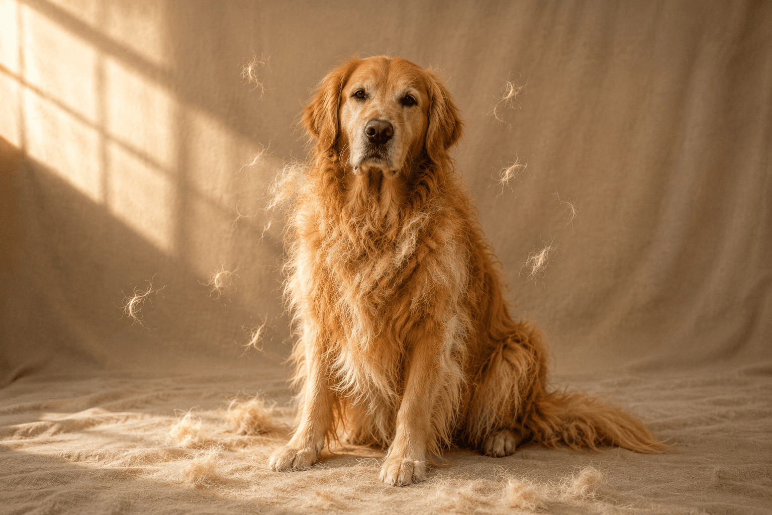 Golden retriever med fällande päls — lös päls syns i luften och på golvet