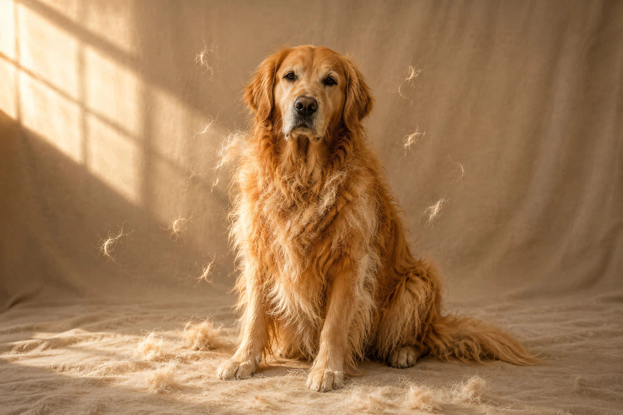 Golden retriever med fällande päls, lös päls syns i luften och på golvet